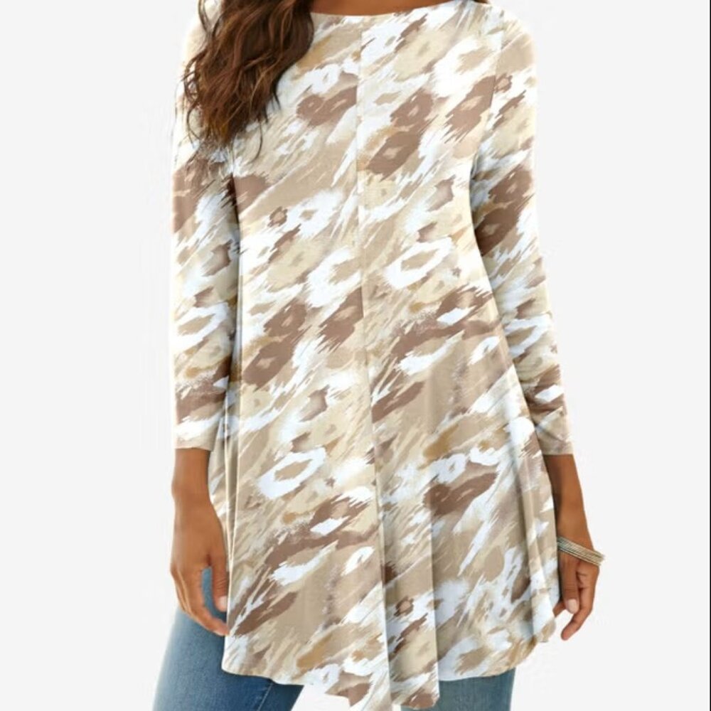 Roamans Animal Marble Print Ultra Drape Boatneck Swing Tunic 1X 22-24